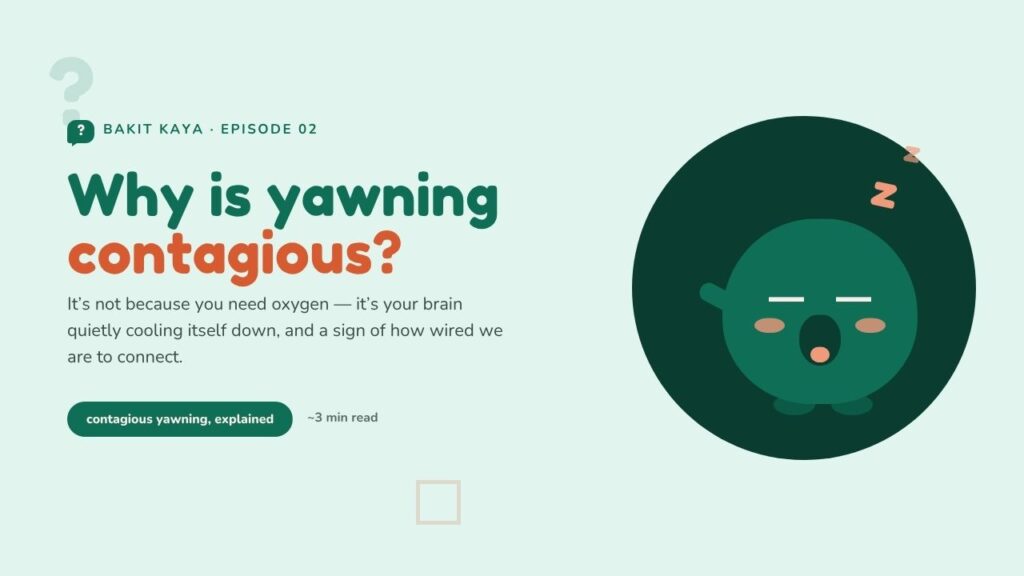 Bakit Kaya Episode 2 cover — a sleepy cartoon mascot mid-yawn with Z's above its head, titled "Why is yawning contagious?"